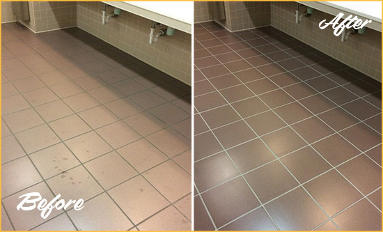 Before and After Picture of a Thompson's Station Restrooms Tile and Grout Cleaned to Remove Embedded Dirt