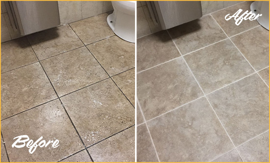 Before and After Picture of a Old Hickory Restroom Tile and Grout Cleaned to Remove Soil