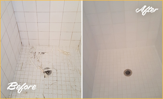 Before and After Picture of a Goodlettsville Bathroom Re-Caulked To Repair Damaged Caulking