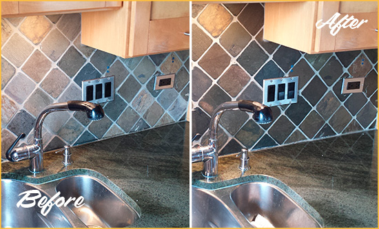 Before and After Picture of a Lakewood Backsplash Caulked to Fix and Prevent Water Leaks