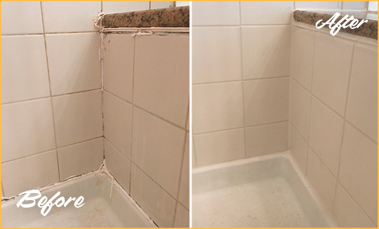 Before and After Picture of a Ridgetop Shower Caulked to Repair Damaged Caulking