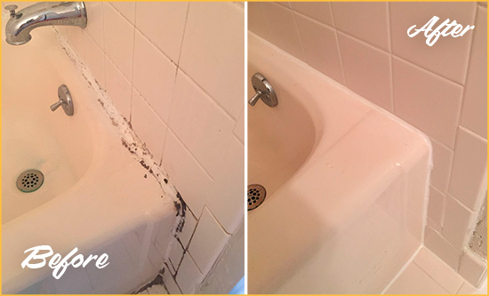 Before and After Picture of a Old Hickory Bathroom Sink Caulked to Fix a DIY Proyect Gone Wrong