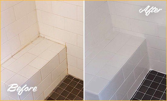 Before and After Picture of a Ridgetop Shower Seat Caulked to Protect Against Mold and Mildew Growth