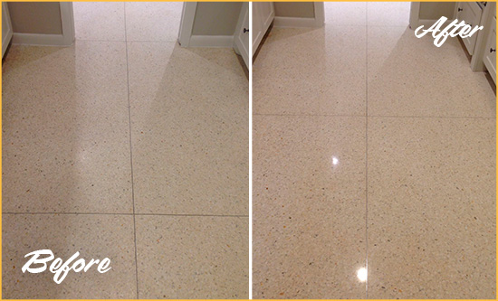 Before and After Picture of a Smyrna Granite Stone Floor Polished to Repair Dullness