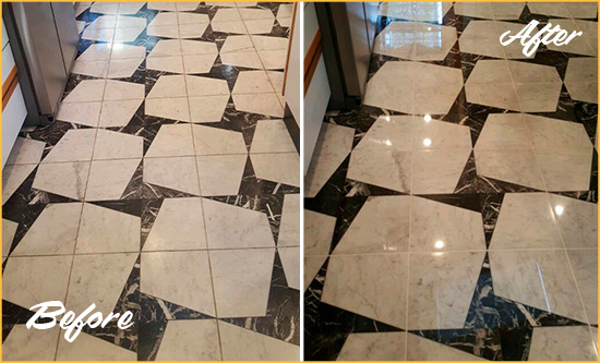 Before and After Picture of a Dull Spring Hill Marble Stone Floor Polished To Recover Its Luster