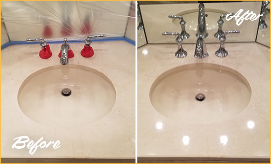 Before and After Picture of a Dull Smyrna Marble Stone Vanity Top Polished to Bring-Back Its Sheen