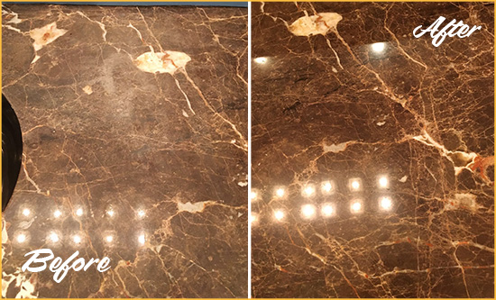Before and After Picture of a Smyrna Marble Stone Countertop Polished to Eliminate Stains