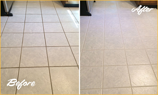 Before and After Picture of a Ridgetop Kitchen Ceramic Floor Sealed to Protect From Dirt and Spills