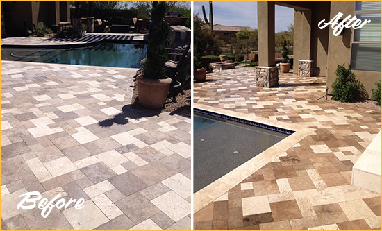 Before and After Picture of a Faded Mount Juliet Travertine Pool Deck Sealed For Extra Protection