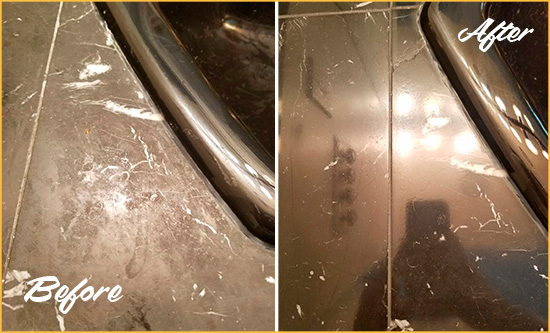 Before and After Picture of a La Vergne Marble Countertop Cleaned to Remove Deep Dirt