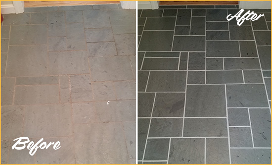 Before and After Picture of a Spring Hill Slate Floor Cleaned to Remove Deep-Seated Dirt