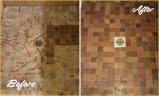 Before and After Picture of a Stained Hendersonville Marble Shower Floor Cleaned to Remove Etching