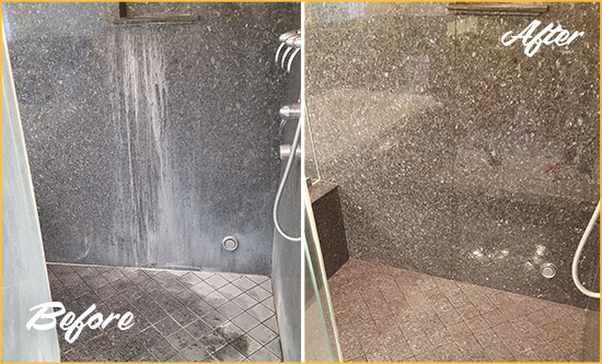 Before and After Picture of a Brentwood Granite Shower Cleaned to Remove Mineral Deposits