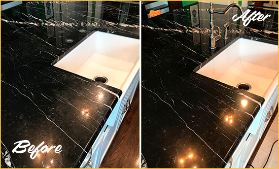 Before and After Picture of a Old Hickory Marble Kitchen Countertop Stone Sealed to Avoid Water Damage