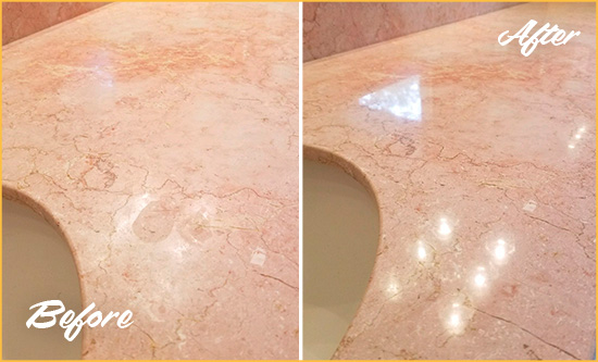 Before and After Picture of a Old Hickory Marble Stone Vanity Top Sealed to Avoid Water Marks