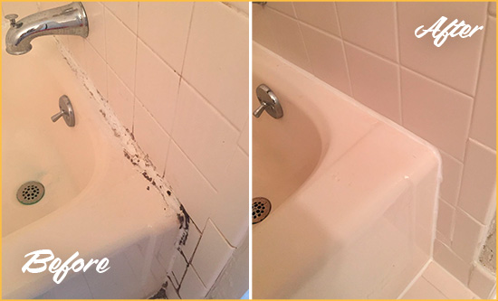 Before and After Picture of a Columbia Hard Surface Restoration Service on a Tile Shower to Repair Damaged Caulking