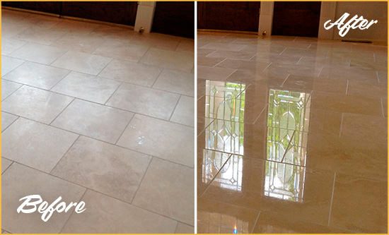 Before and After Picture of a Ridgetop Hard Surface Restoration Service on a Dull Travertine Floor Polished to Recover Its Splendor