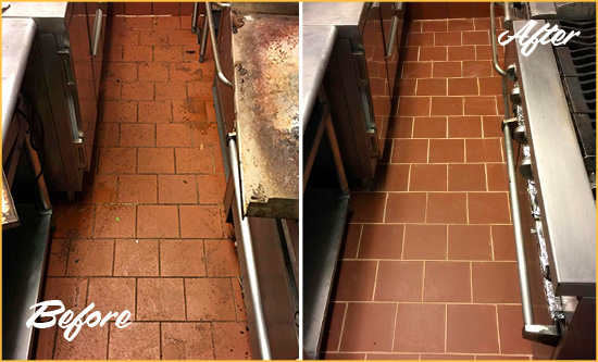 Before and After Picture of a Ridgetop Hard Surface Restoration Service on a Restaurant Kitchen Floor to Eliminate Soil and Grease Build-Up