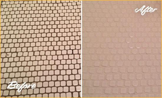 Before and After Picture of a Ridgetop Hard Surface Restoration Service on a Bathroom Tile Floor Recolored to Fix Grout Color