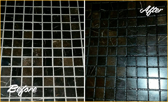 Before and After Picture of a Nashville Black Floor with Recolored Grout
