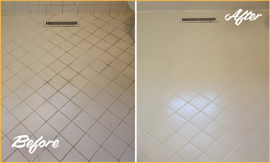 Before and After Picture of a Murfreesboro White Bathroom Floor Grout Sealed for Extra Protection