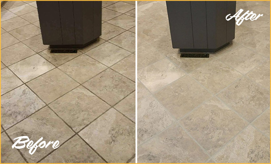 Before and After Picture of a Ridgetop Kitchen Floor Grout Sealed to Remove Stains