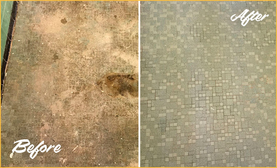Before and After Picture of a Hendersonville Mosaic Shower Cleaned to Eliminate Embedded Dirt