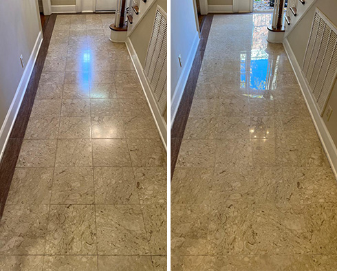 Before and After Our Foyer's Marble Floor Stone Polishing Service in Green Hills, TN