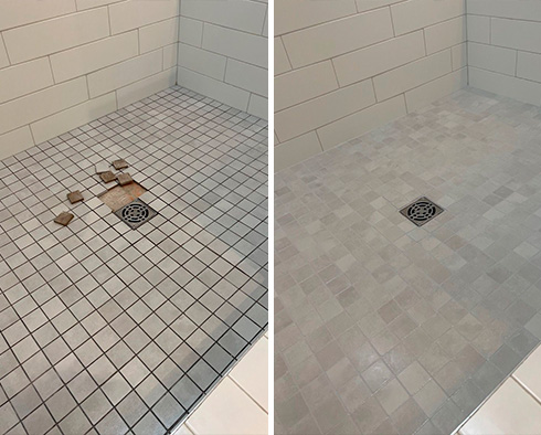 Shower Floor Before and After Getting Our Hard Surface Restoration Services in Nashville