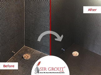 Before and After Picture of a Tile Shower Grout Recoloring Service in Nashville, Tennessee
