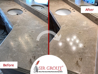Before and After Picture of a Vanity Top Stone Honing Service in Brentwood, TN