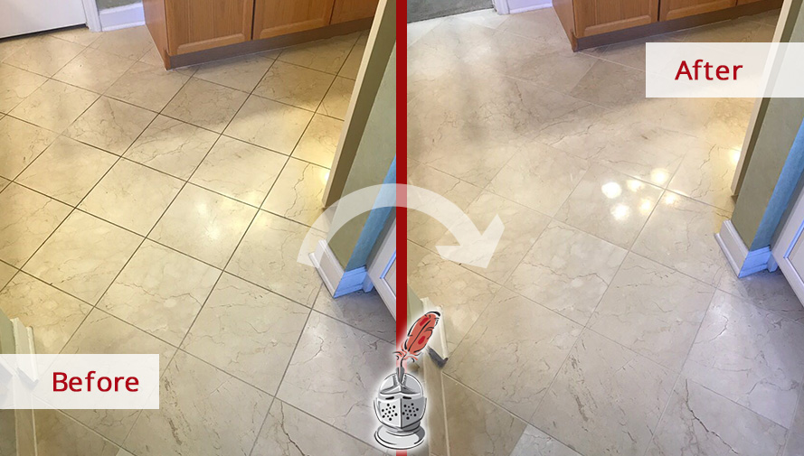 Before and After of a Marble Bathroom Floor Stone Honing and Polishing Service in Nashville, TN