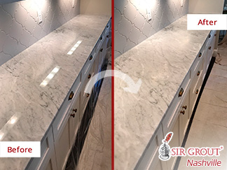Before and After Picture of a White Carrara Marble Countertop Stone Honing Service in Nashville, Tennessee