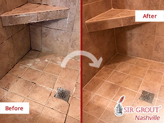 Before and After Picture of a Ceramic Tile Shower Floor Caulking Services in Murfreesboro, Tennessee