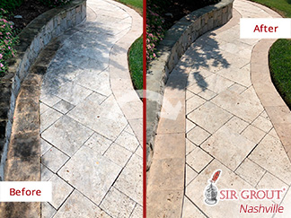 Before and After Picture of a Travertine Walkway Floor in Brentwood, Tennessee