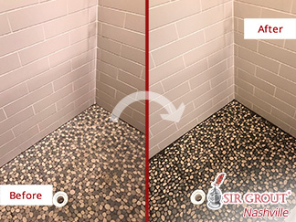 Before and After Picture of a Shower's Pebble Floor Stone Cleaning Service in Nashville, Tennessee