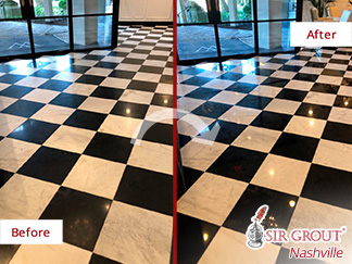 Before and after Picture of This Gorgeous Entryway Floor after a Stone Polishing Service