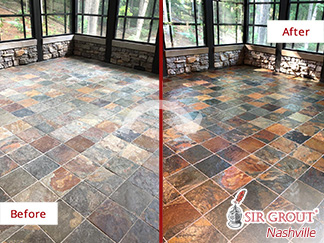 Image of a Sunroom Slate Floor Before and After A Stone Cleaning Service in Belle Meade, TN