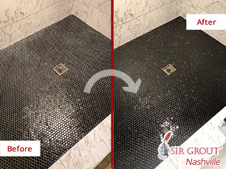 Picture of a Black Shower Floor Before and After a Tile Sealing Service in Nashville, TN