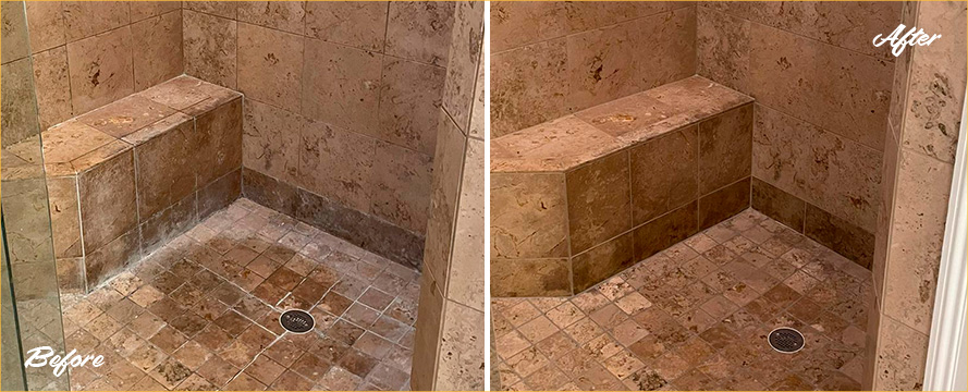 Shower Before and After a Superb Stone Cleaning in Hendersonville, TN