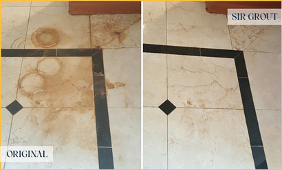 Before and After Picture of a Marble Stone Floor Stained with Rust