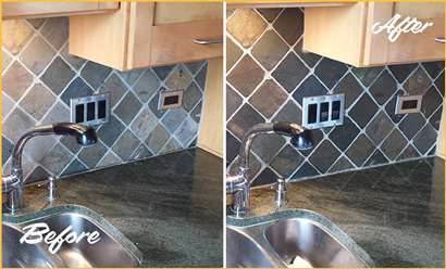 Before and After Picture of a Caulking and Grout Cleaning Service on a Kitchen's Backsplash