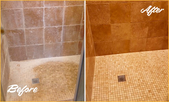 Before and After Picture of a Travertine Shower Honed and Polished to Remove Mineral Deposits