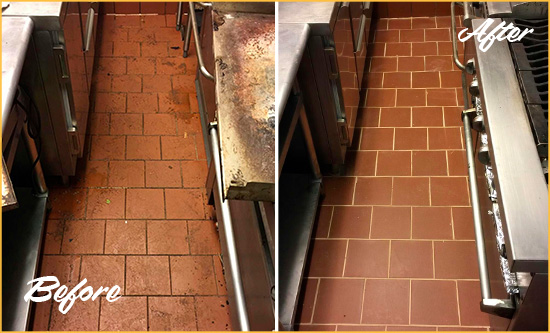 Before and After Picture of a Nashville Restaurant Kitchen Tile and Grout Cleaned to Eliminate Dirt and Grease Build-Up