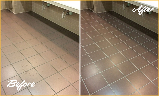 Before and After Picture of a Mount Juliet Restrooms Tile and Grout Cleaned to Remove Embedded Dirt