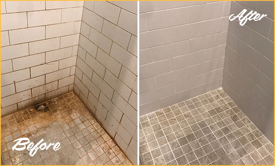 Before and After Picture of a Berry Hill Shower Tile and Grout Cleaned to Eliminate Mold and Stains