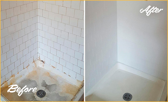 Before and After Picture of a Goodlettsville Shower Tile and Grout Cleaned to Remove Soap Scum