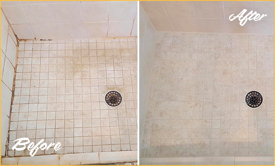 Before and After Picture of a Ridgetop Shower Caulked to Fix Cracks