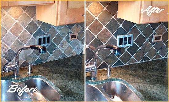 Before and After Picture of a Antioch Backsplash Caulked to Fix and Prevent Water Leaks