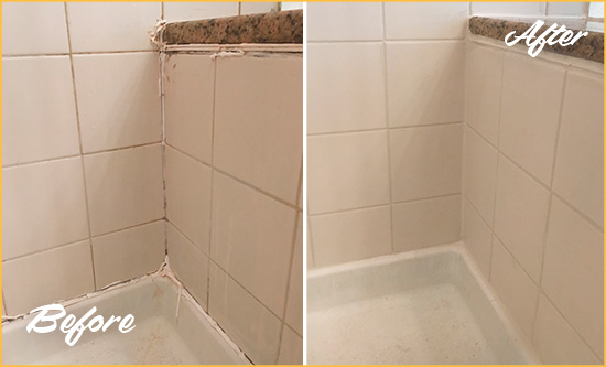 Before and After Picture of a Brentwood Shower Caulked to Repair Damaged Caulking